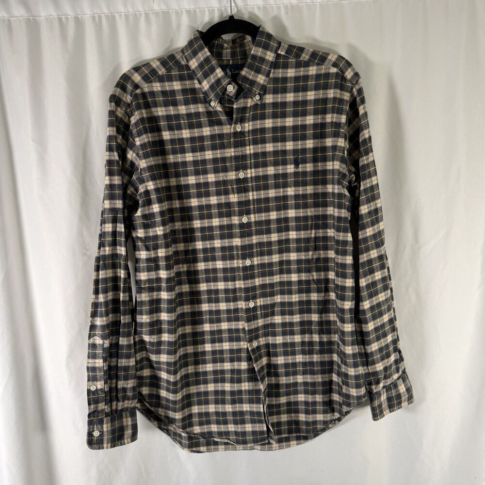 Ralph Lauren Classic Fit Dress Shirt Men's Medium Grey Plaid Button Up Long Slv